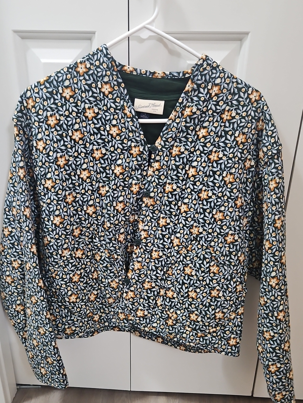 Universal Thread Navy Floral Button-Down Shirt with Mustard Accents